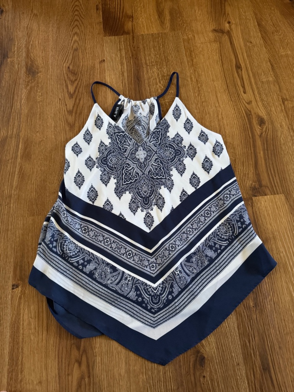 A. Byer Navy and White Paisley Handkerchief Hem Cami